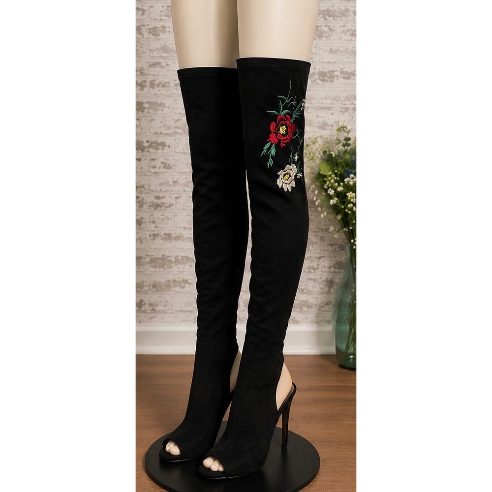 Qupid Black Floral Embroidered Over The Knee Boots Heel Stiletto Suede Size6.5-7